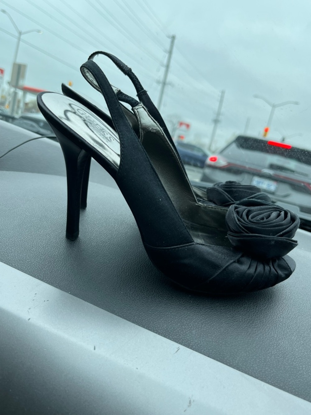 Guess Black Slingback Satin Peep-Toe Heels with Rosette Accent